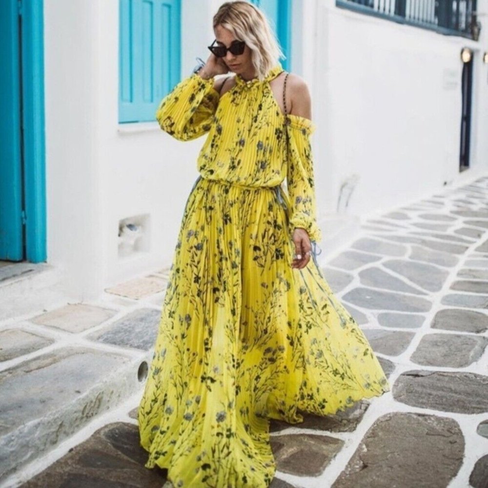 Self Portrait Yellow Floral Off Shoulder Pleated Maxi Dress Size S 2 4
